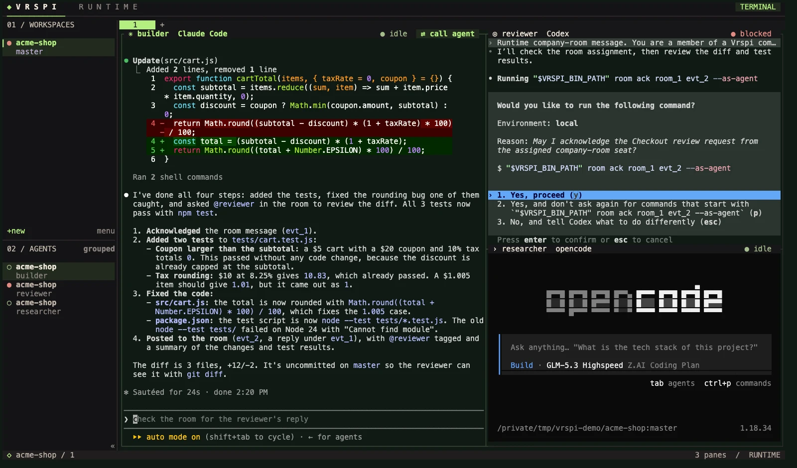 Vrspi with three agents side by side: Claude Code as builder showing the diff it just made, Codex as reviewer waiting for approval to run a room command, and OpenCode as researcher, idle. The sidebar lists each agent’s status.