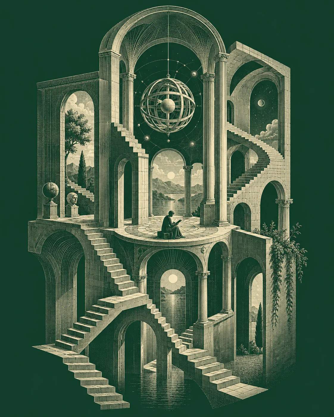 An imagined engraving of interconnected rooms, archways, and staircases surrounding a solitary reader beneath a suspended sphere.